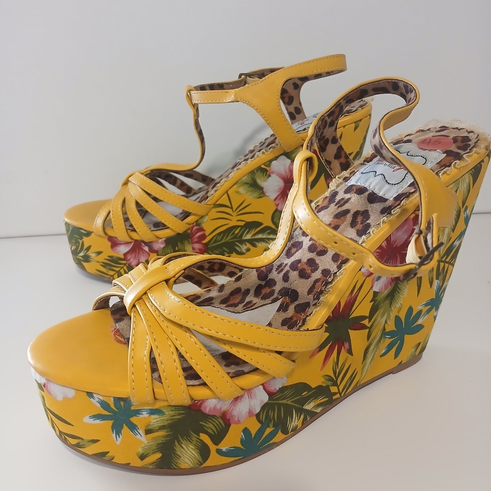 Bettie Page Yellow Tiki Tropical Leopard Wedge Sandals